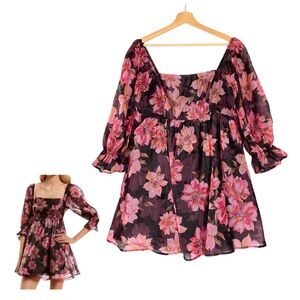 Thirty Thirty LA Floral Organza Babydoll Puff Sleeve Dress Size XL Pink Black